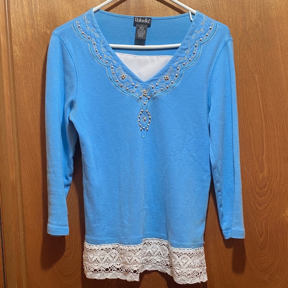 Rafaella Sky Blue V-Neck Knit Small Tunic with Beads and Lace Trim